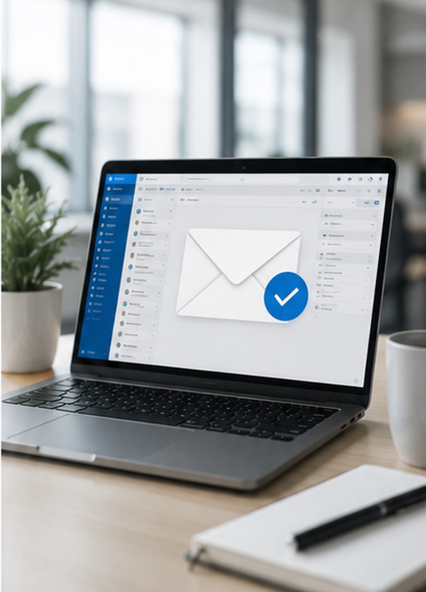 Laptop with email confirmation checkmark