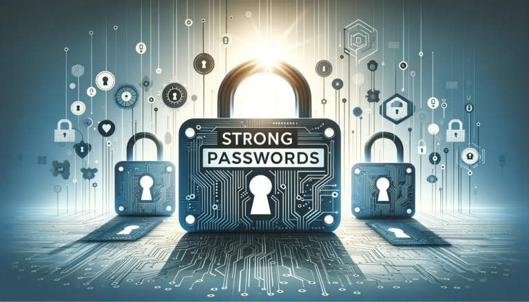 Modern digital environment emphasizing 'Strong Passwords' with intricate padlocks and circuit designs in a palette of blue.