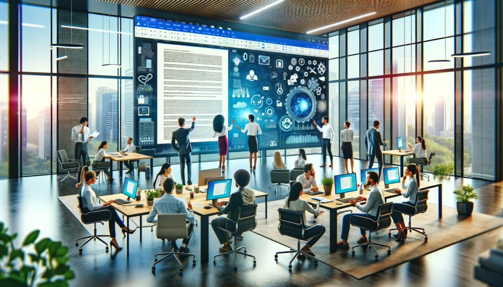 Diverse team collaboratively working on a Microsoft document in a modern office