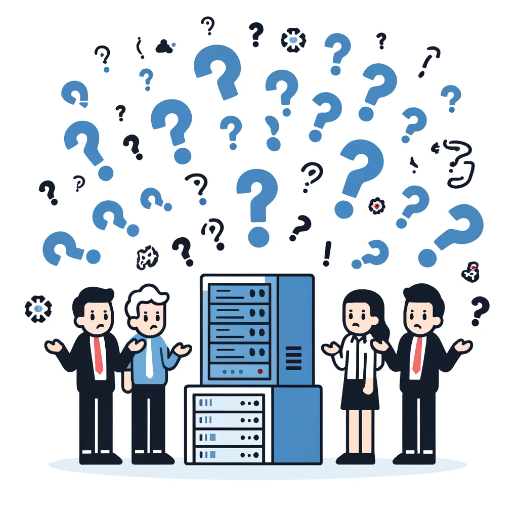 Confused cyber administrators surrounded by symbols of confusion like question marks, exclamation marks, and arrows pointing in different directions.